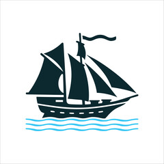 Phinisi Ship Silhouette on Blue Waves Hari Maritim Maritime Day Traditional Phinisi ship sail in oceanic teal