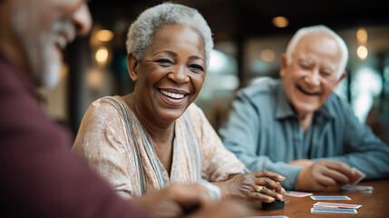 Happy and smiling senior African-American woman playing cards or poker with her senior friends, active retirement lifestyle