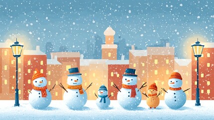 children building snowmen in a snowy park, warm city lights in the background, cinematic cozy holiday illustration, soft snowfall