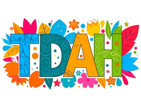 Colorful stylized text "TDah" surrounded by floral and leaf design elements