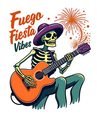 Skeleton playing guitar with fireworks and text Fuego Fiesta Vibes on black transparent background. for print on demand merchandise, t shirt