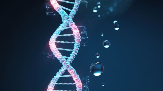 Abstract dna helix with glowing particles and water droplets, representing genetic research and biotechnology advancements in a digital environment