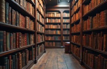Dimly lit library interior features wooden bookshelves filled with numerous vintage books. Aged volumes display diverse colors, textures, suggesting vast collection for reading, study, research.