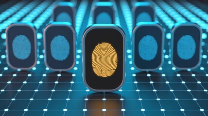 A golden fingerprint on a black screen stands out among blue fingerprints, symbolizing unique identity and secure biometric authentication