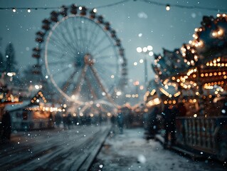 Winter wonderland cover with blue tones and falling snowflakes over a nighttime funfair