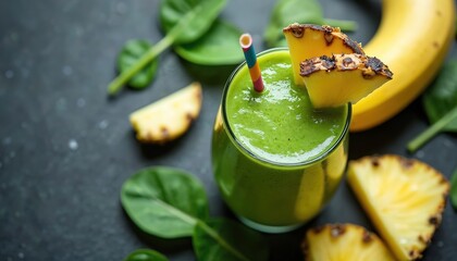 Energizing green smoothie with banana, spinach, pineapple. Creamy, tasty beverage offers healthy hydration, perfect for breakfast light meal. Packed with vitamins, fiber, minerals, delicious way to