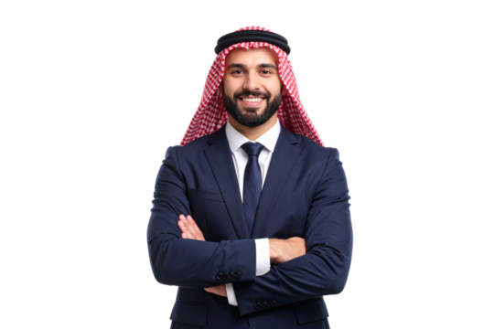 Confident Arab businessman in elegant suit, smiling with arms crossed, ready for success and leadership