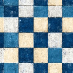 Fototapeta premium vintage distressed checkerboard pattern in navy blue and cream, grunge texture, worn-out retro style, seamless tiled background