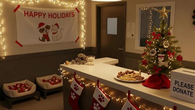 Warm and Inviting Pet Clinic Lobby Adorned with Holiday Lights, Christmas Tree, and 'Happy Holidays' Banner