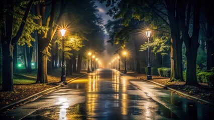 A dark street with few faint street lights casting long shadows on the wet pavement and tall trees