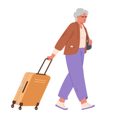Senior woman walking with a suitcase flat vector illustration isolated on white.