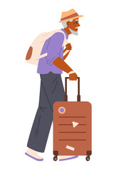Senior African American man walking with a suitcase and a backpack flat vector illustration isolated on white.