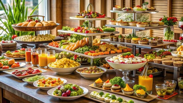 A lavish buffet table laden with an assortment of delectable dishes and refreshments