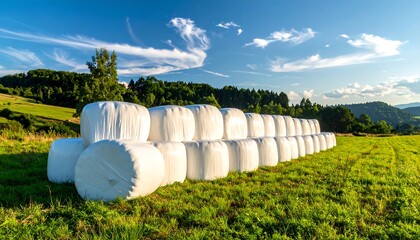 Obraz premium Hay bales wrapped in plastic on a hillside