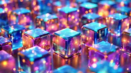 Dynamic digital cubes shimmer with vibrant neon light, representing data, AI, and futuristic technology in a sleek, modern network. - Powered by Adobe