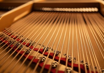 Close-up view of golden piano strings and red felt