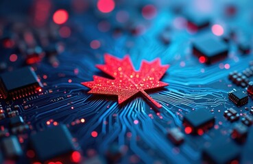 Red Canadian maple leaf rests on glowing blue circuit board. Concept of digital Canada, global network, connectivity, cyber technology. Represents international data transfer, worldwide business,