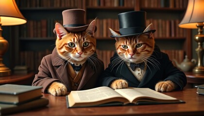 Two ginger tabby cats dressed in vintage suits, top hats study ancient books in library setting. One cat wears brown suit, bow tie, black suit, polka dot bow tie. Paws rest on open book on wooden