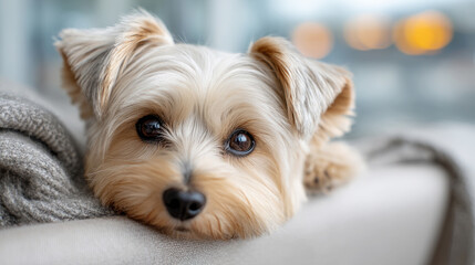 Charming close-up of a small dog relaxing in a soft carrier for travel and comfort