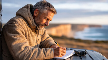 Scenic cliffside retreat with camper and artist at sunset