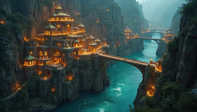 Aerial view of mystical glowing city in dark rocky canyon. Warm lights reflect on turquoise water river flowing through ancient architecture. Majestic structures, bridges connect cliff sides.