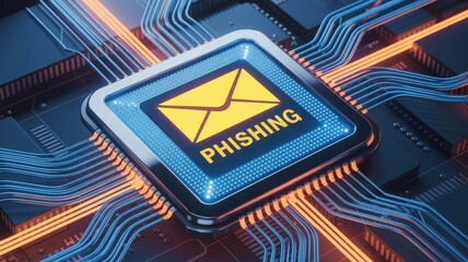 Phishing email icon on circuit board, representing cyber security threat and online fraud, highlighting the importance of digital safety measures
