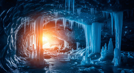 Obraz premium Icy cave scene, with a mix of realistic and artistic elements. The back of the cave is illuminated by a bright, warm light, contrasting with the cool blue tones of the ice.