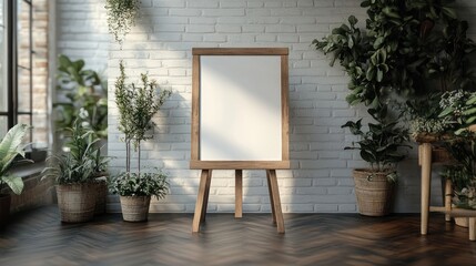Blank Wooden Easel in a Plant-Filled Room - Mockup for Art or Presentation