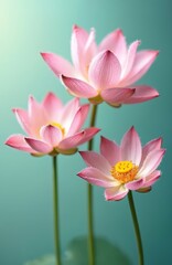 Soft pink lotus flowers bloom against tranquil blue-green gradient background. Delicate fuzzy petals surround bright yellow centers. Serene aquatic plants create peaceful, natural aesthetic with