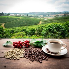 Cup of coffee with roasted, raw beans and red cherries on wooden table in front of plantation, representing specialty and origin coffee