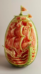 Watermelon carved into an old sailing ship