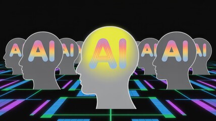 Artificial intelligence concept showing human head silhouettes with ai text on a futuristic background, representing the rise of ai technology