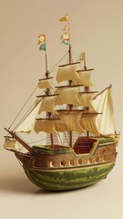 Watermelon carved into an old sailing ship