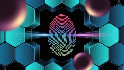 Digital fingerprint identification and personal data security concept with hexagon pattern and glowing light effect on black background