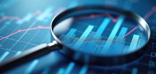 Magnifying glass examines blue grid chart displaying data trends. Focus on growth, statistics, research insights, financial information. Zoomed detail financial chart patterns, analytical progress,