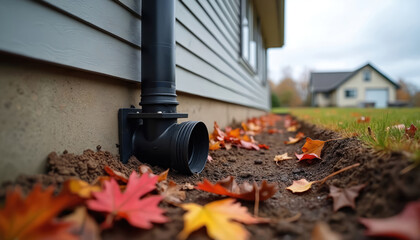 French drain system installation near residential house during autumn season. Muddy ground with fallen leaves covers area around drainage pipe exterior. Home improvement project for water management.