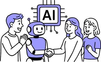 AI chip, Machine learning and man woman. Business team with robot. Flat vector illustration.