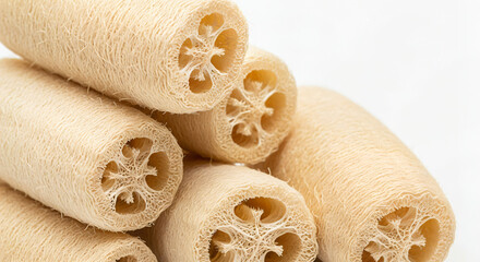 Several loofahs stacked on top of each other. The background appears to be a plain white surface, emphasizing the loofahs without distraction.