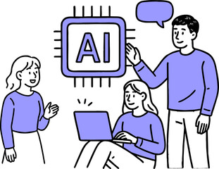 AI chip, Machine learning and man woman. Business team with robot. Flat vector illustration.