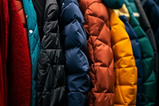 Winter coat drive - used jackets and outerwear donated to assist low income or homeless people during cold weather - background of hanging coats.