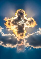 A bright sun shines from behind clouds forming the shape of a cross, with rays of light extending outward.