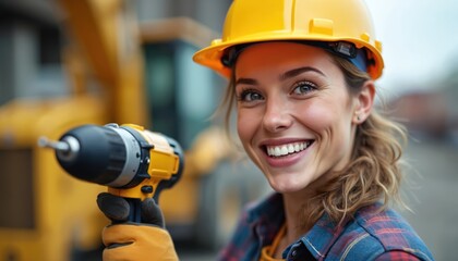 Smiling female construction worker in yellow hard hat holds power drill on jobsite. Portrait captures cheerful woman with confidence, skill, determination in construction industry, teamwork, safety