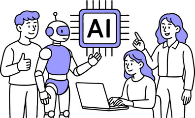 AI chip, Machine learning and man woman. Business team with robot. Flat vector illustration.