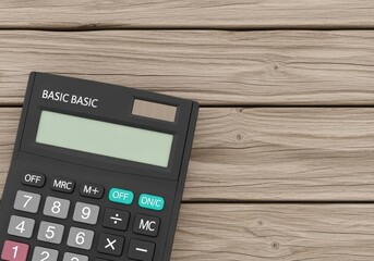 Simple black calculator on weathered wooden table flat lay