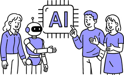 AI chip, Machine learning and man woman. Business team with robot. Flat vector illustration.