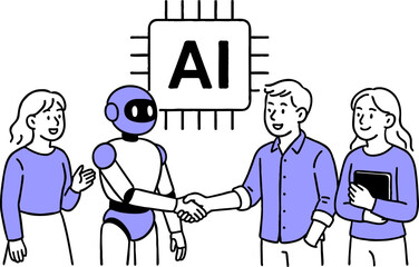 AI chip, Machine learning and man woman. Business team with robot. Flat vector illustration.