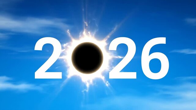 The year 2026 is displayed with a dramatic total solar eclipse forming the zero set against a bright blue sky with clouds representing a major astronomical event