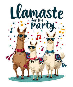 Three llamas wearing sunglasses and colorful blankets with music notes and confetti transparent background. for print on demand merchandise, t shirt