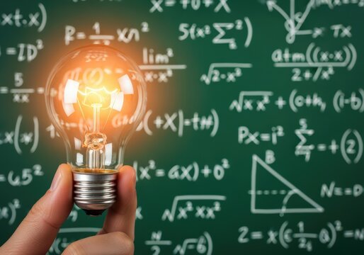 Hand holding illuminated light bulb on complex math chalkboard. - Powered by Adobe