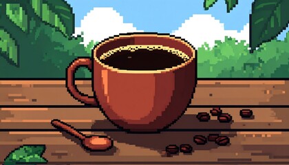 Retro Pixel Art Coffee Cup Surrounded by Nature Serenity and pixelated style
